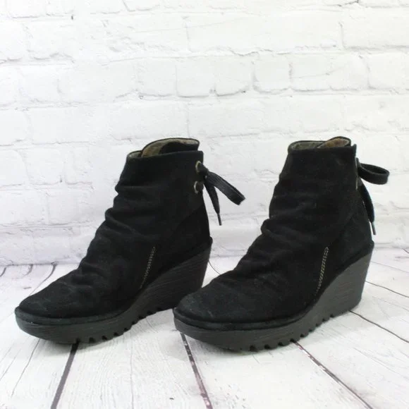 FLY London Yama Black Suede Wedge Ankle Bootie Boot  Size 40 US 10 - Picture 2 of 9